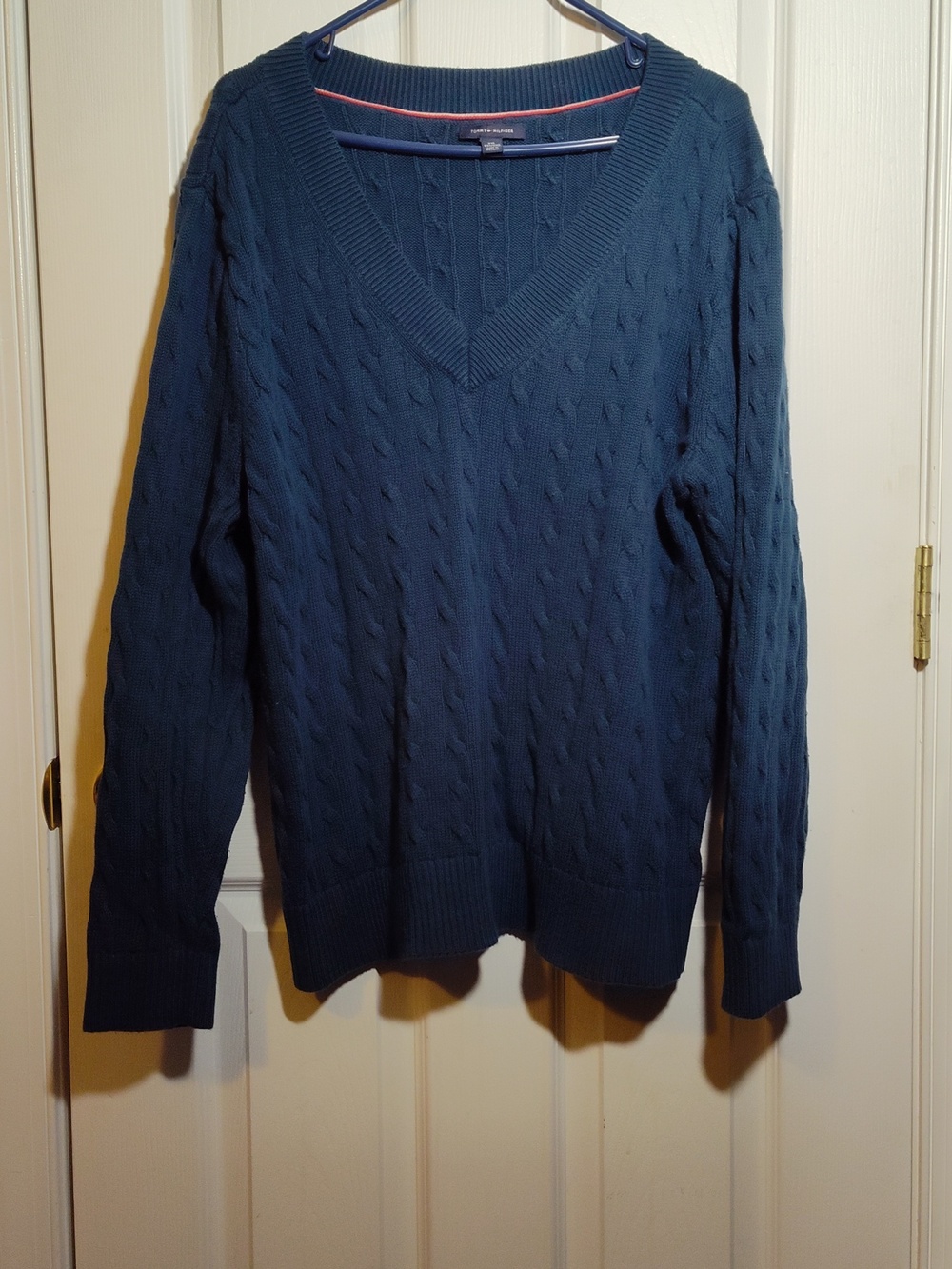 Men's Tommy Hilfiger V-Neck Cable Knit Sweater - Teal, Size XXXL